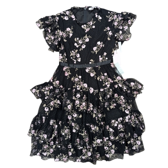 NWT Rachel Parcell Embroidered Tiered Mesh Flutter Sleeve Midi Dress Black M - Picture 5 of 9